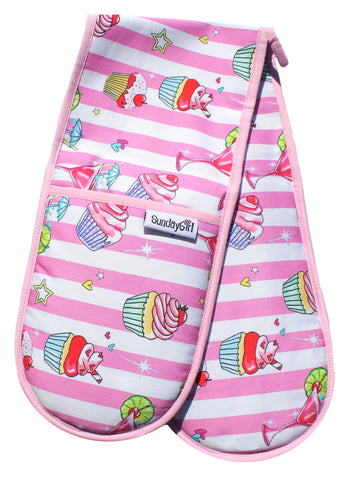 Cupcake and Cocktails Oven Gloves. Pink Candy Stripe Oven Gloves