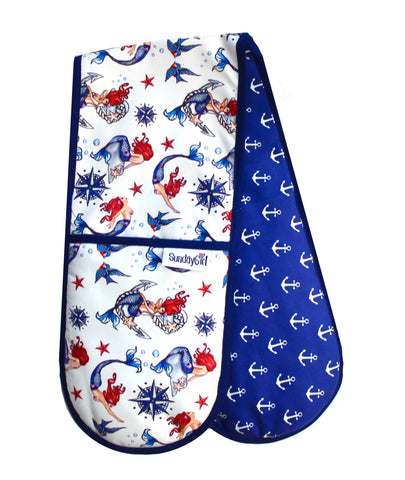 Nautical Oven Gloves. Retro Sailor Tattoo Mermaids and Ditsy Anchors. Oven Gloves