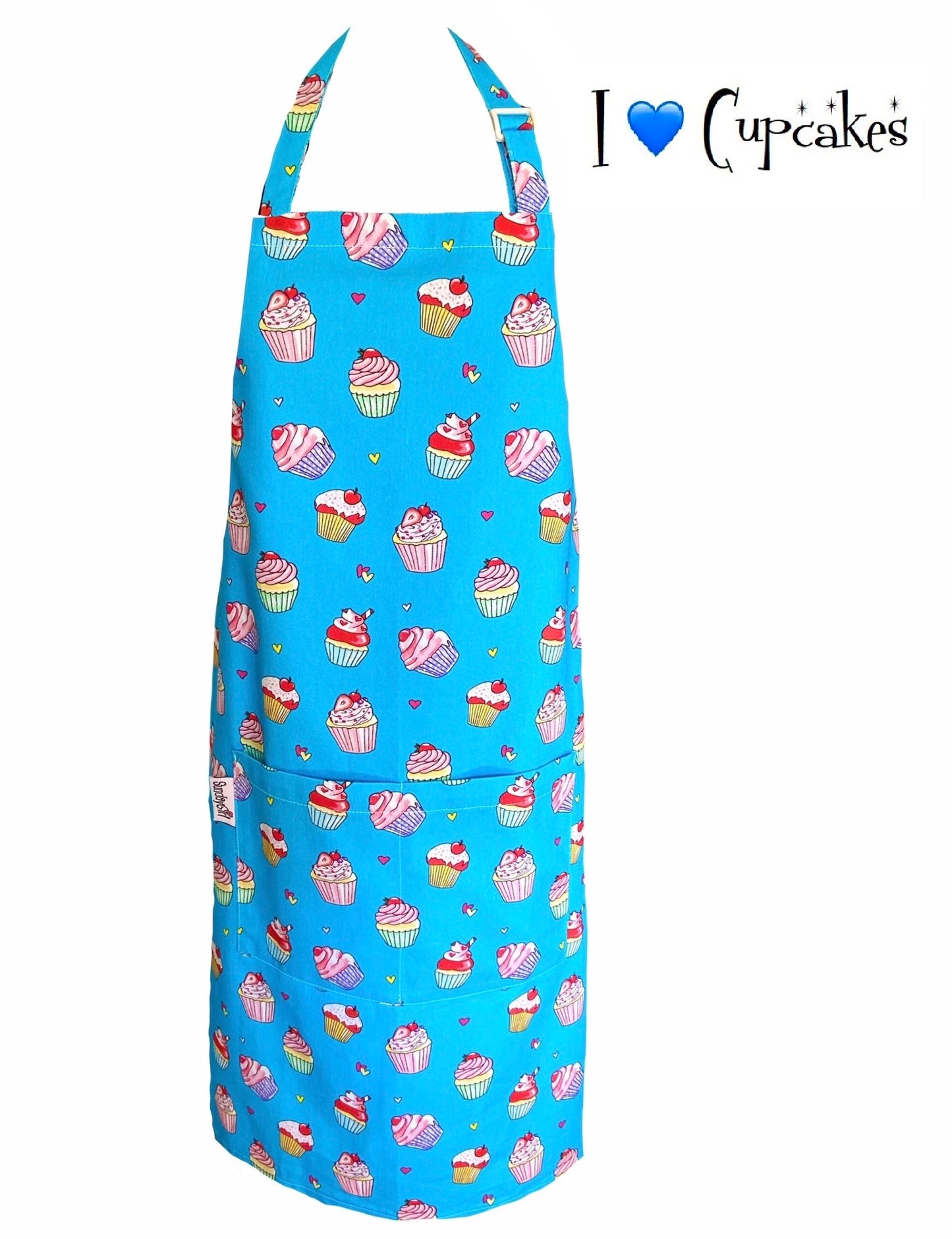 I Love Cupcakes Unisex Apron. Vibrant Blue Cupcake Print. Classic Unisex Adult Apron